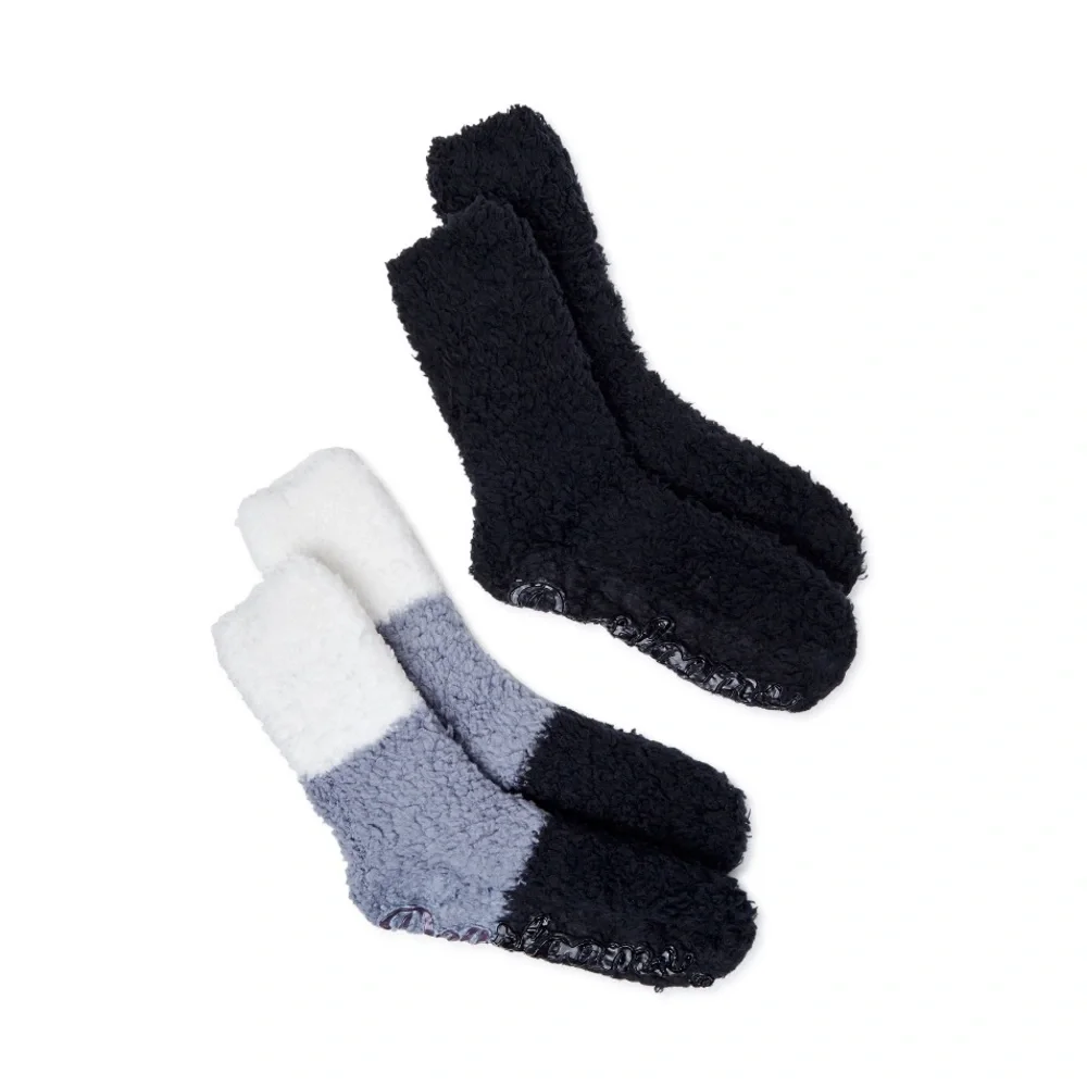 Dearfoams‎ Crew Fuzzy Slipper Cabin Socks Shoe Size 4-10 - 2 Pack - Black/Grey